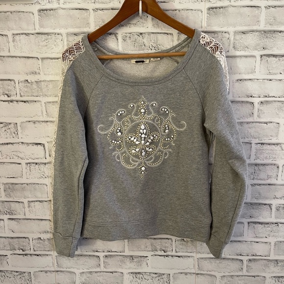Miss Me Tops - Women’s Miss Me gray pullover sweatshirt embellished lace sleeve Small